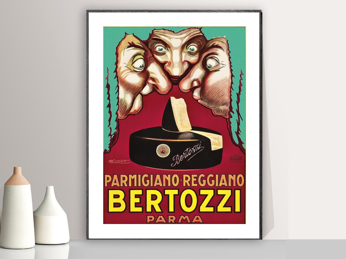 Bertozzi Parmigiano Reggiano Cheese Wheel Faces Vintage Poster