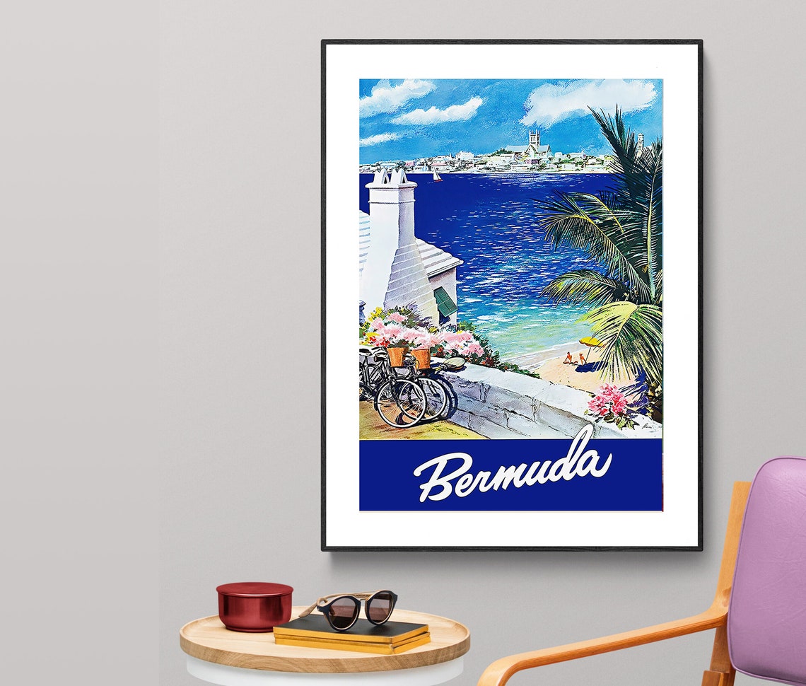 Bermuda Tropical Beach Bicycles Flowers Vintage Travel Poster