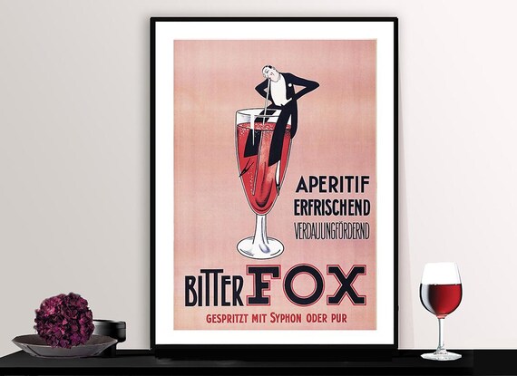 Bitter Fox Aperitif Giant Wine Glass Tiny Man Vintage German Ad Poster