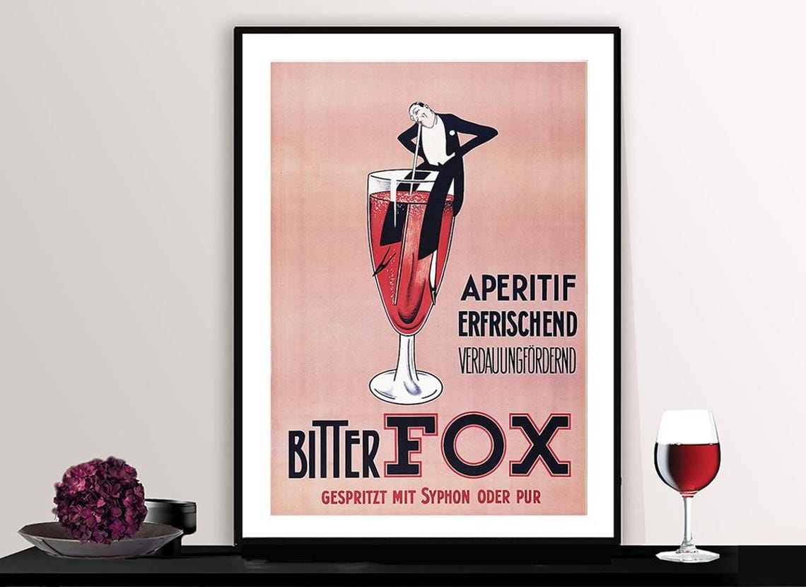 Bitter Fox Aperitif Giant Wine Glass Tiny Man Vintage German Ad Poster