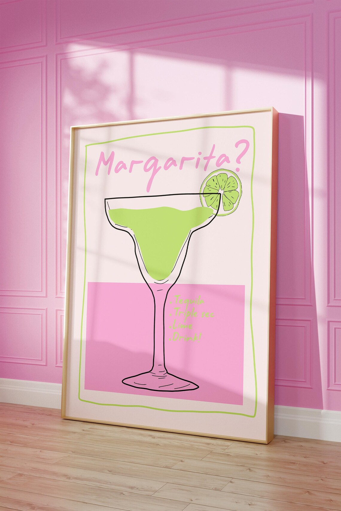 Margarita Cocktail Recipe Poster Pink Green Glass Bar Cart Kitchen Decor