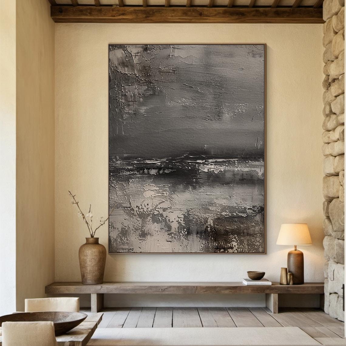 Gray Abstract Oil Painting Decorative Painting Black Simple Wall Painting Beige Abstract Art Modern Home Decor Handmade Gift
