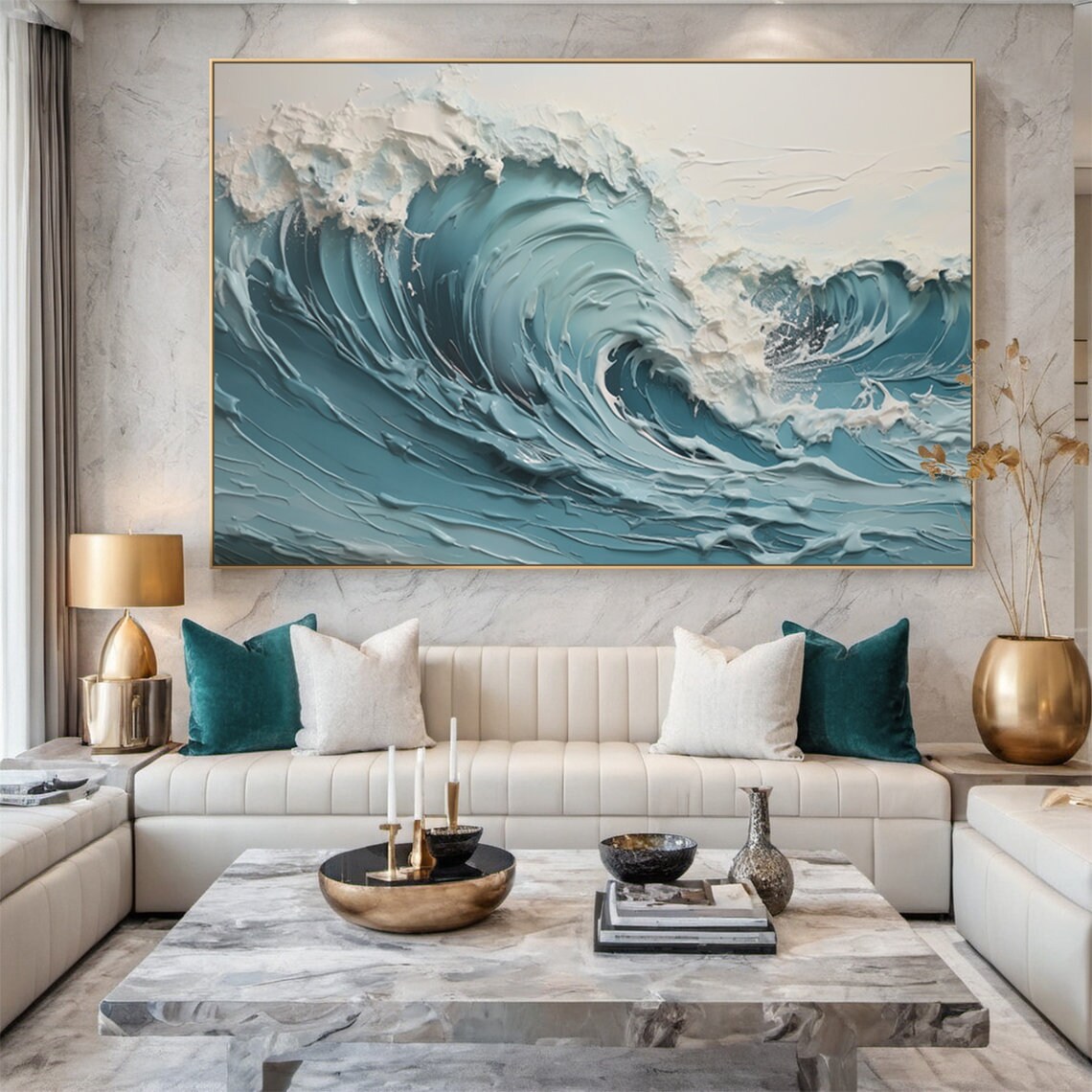 Turquoise Ocean Wave Curling White Foam Oil Painting Textured Poster