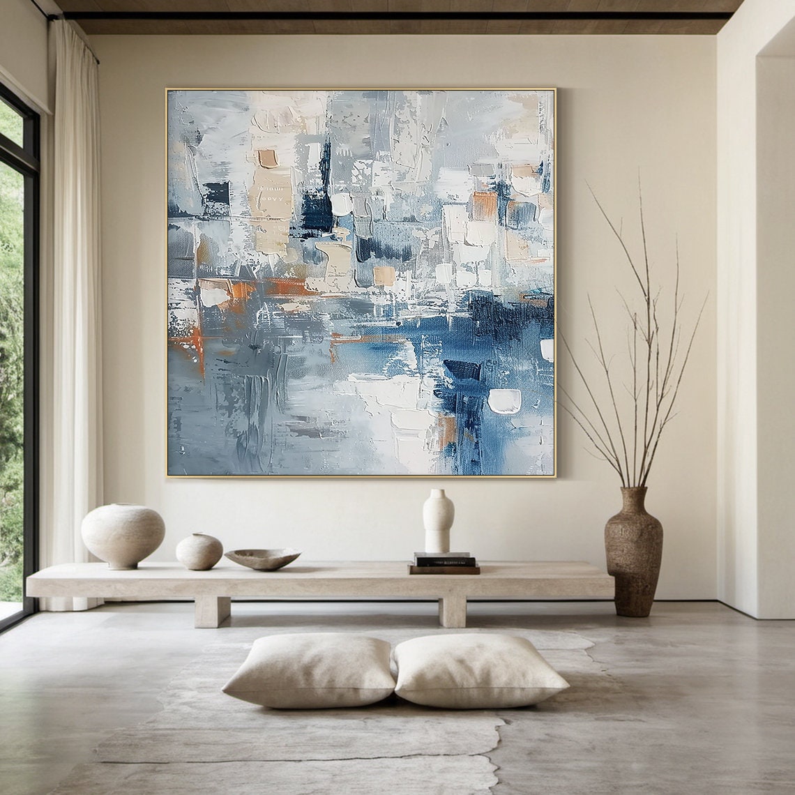 Blue Grey Abstract With Tan Block Shapes Textured Modern Poster - Image 4