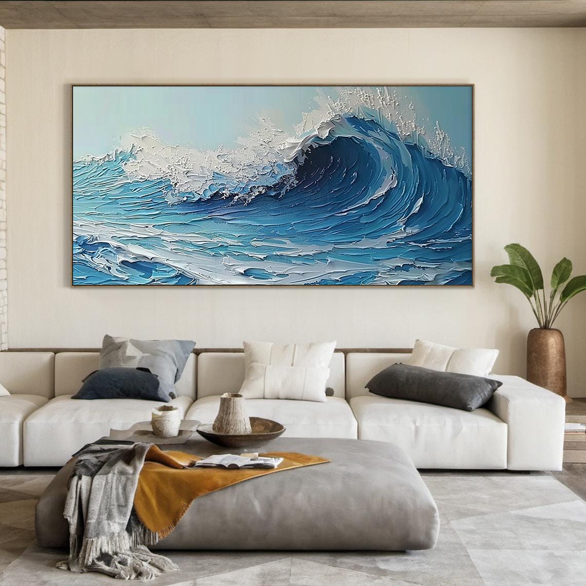 Deep Blue Barrel Wave Impasto Textured Powerful Ocean Wall Art - Image 5