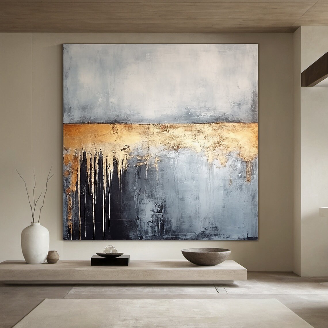 Off White Abstract Painting Grey Wabi Sabi Wall Art Large Black Wall Art Gold Textured Hand Painting Home Wall Decoration - Image 4