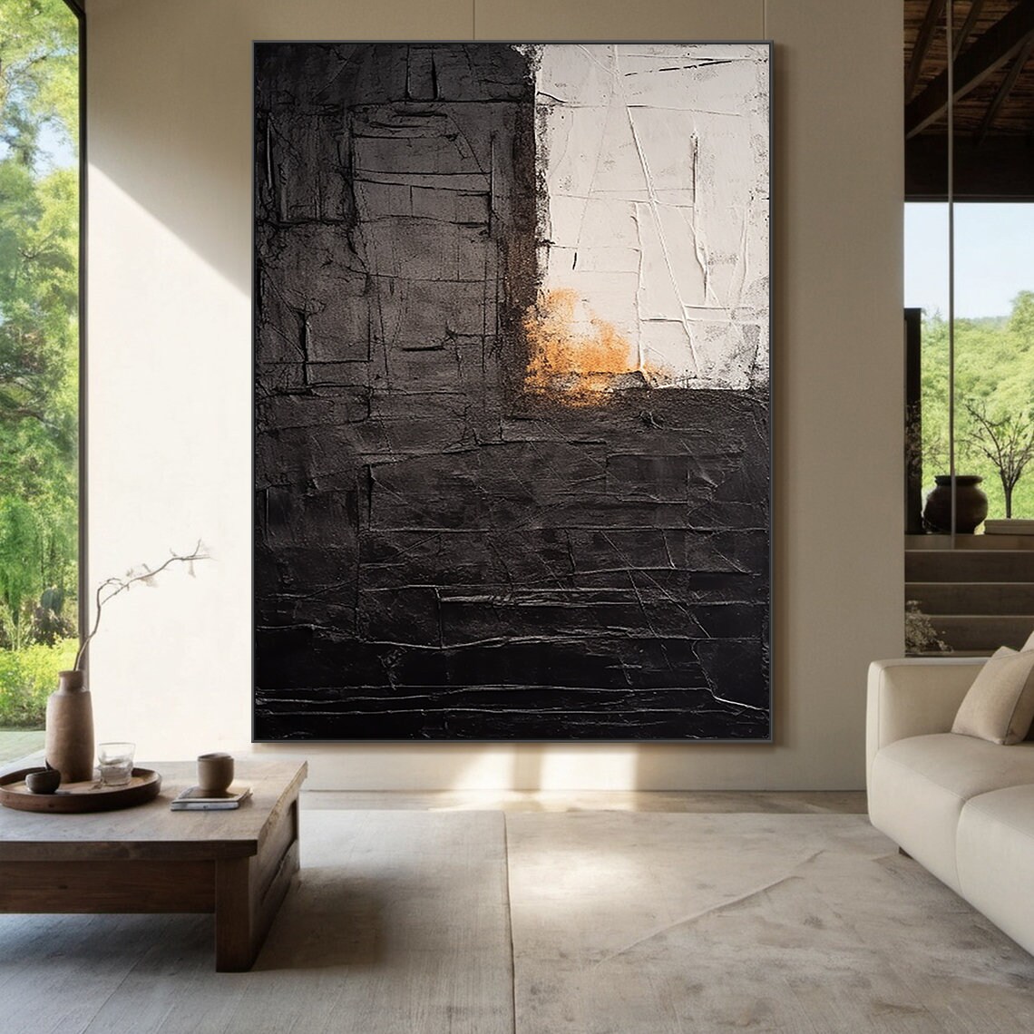 Large Black Abstract Painting Grey Wabi Sabi Style Wall Art Brown Accents Textured Hand Painted Modern Art Wall Decor