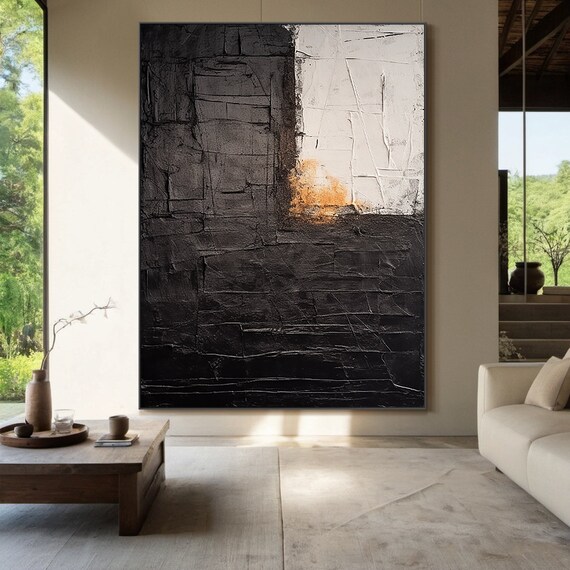 Large Black Abstract Painting Grey Wabi Sabi Style Wall Art Brown Accents Textured Hand Painted Modern Art Wall Decor