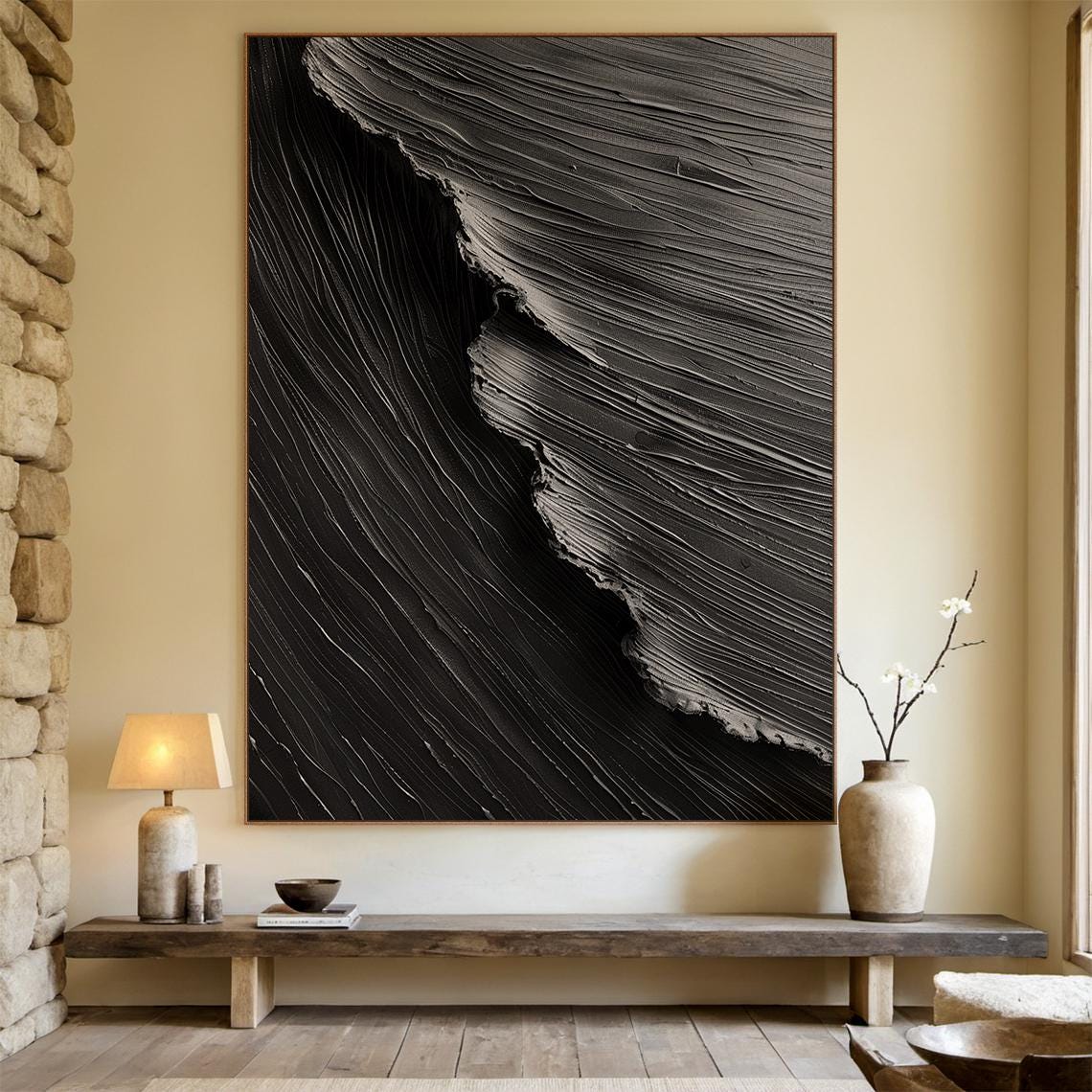Black White Wave Textured Abstract Painting Dramatic Wall Art Poster