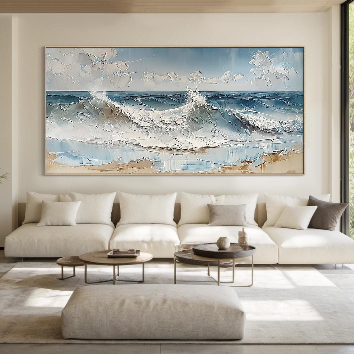 Blue Sea Wave Crash Textured Painting Beach Foam Wall Art Poster