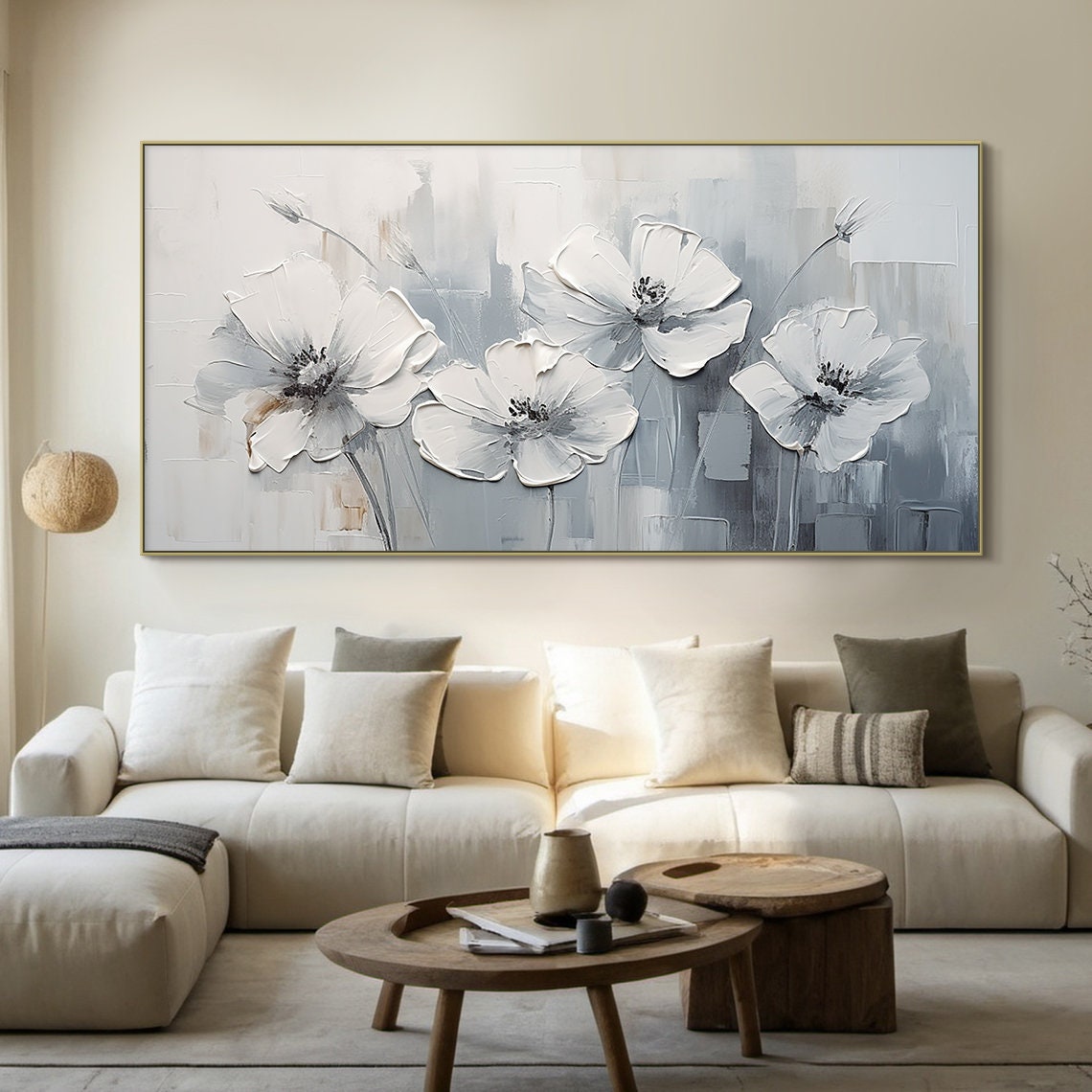 White Grey Floral Oil Painting Four Blossoms Panoramic Texture Poster