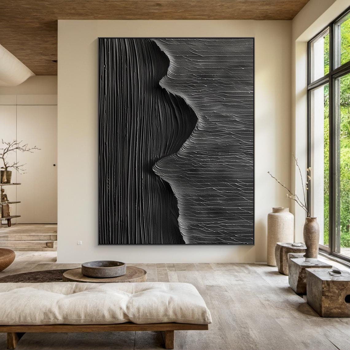 Black Carved Canyon Sculpture Abstract Dramatic Vertical Wall Art - Image 6