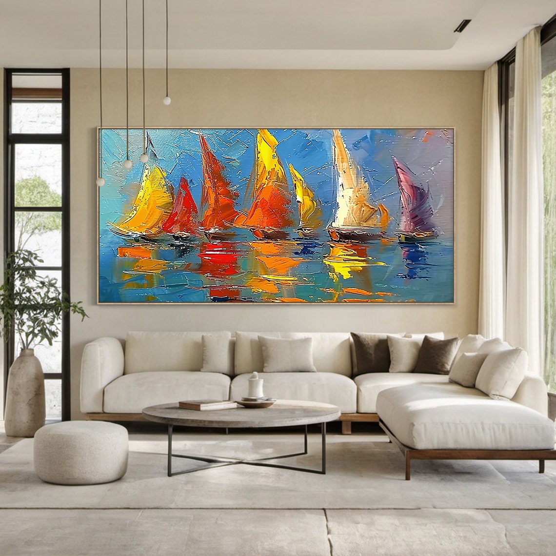 Colorful Sailboats On Blue Water Impasto Regatta Seascape Poster