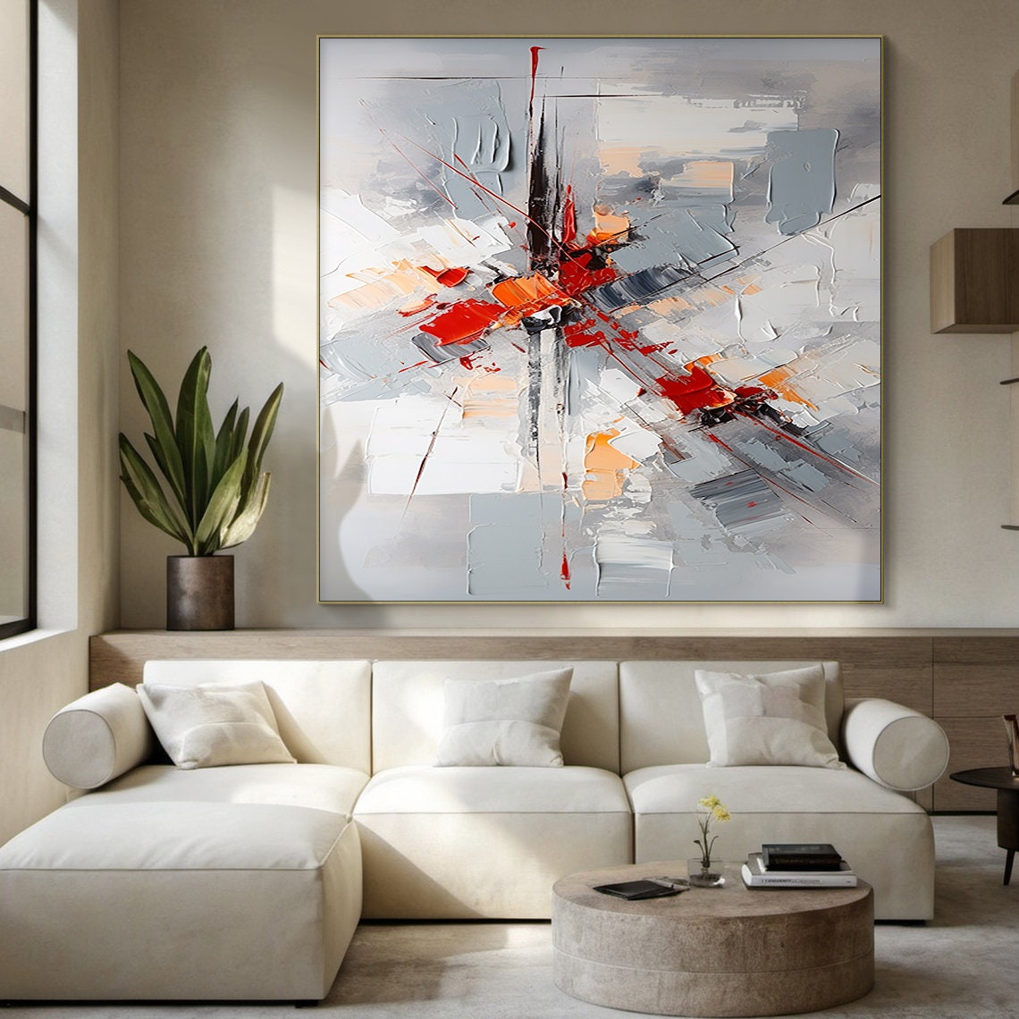 Grey White Red Abstract Burst Horizontal Panoramic Oil Painting Poster - Image 4