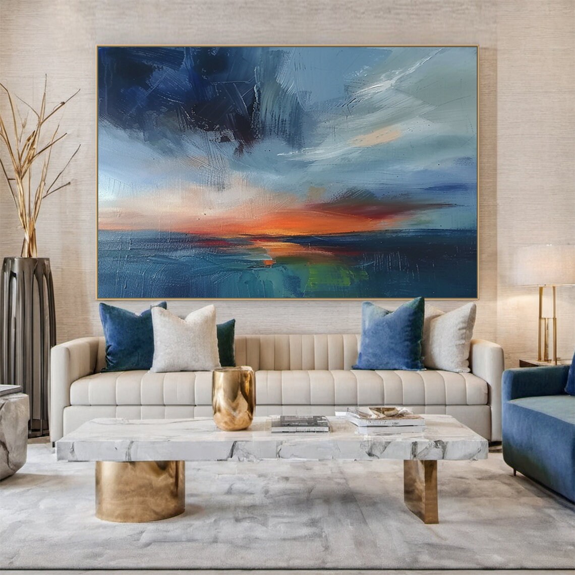 Blue Sea Sunrise Abstract Oil Painting, Ocean Art Print - Image 2