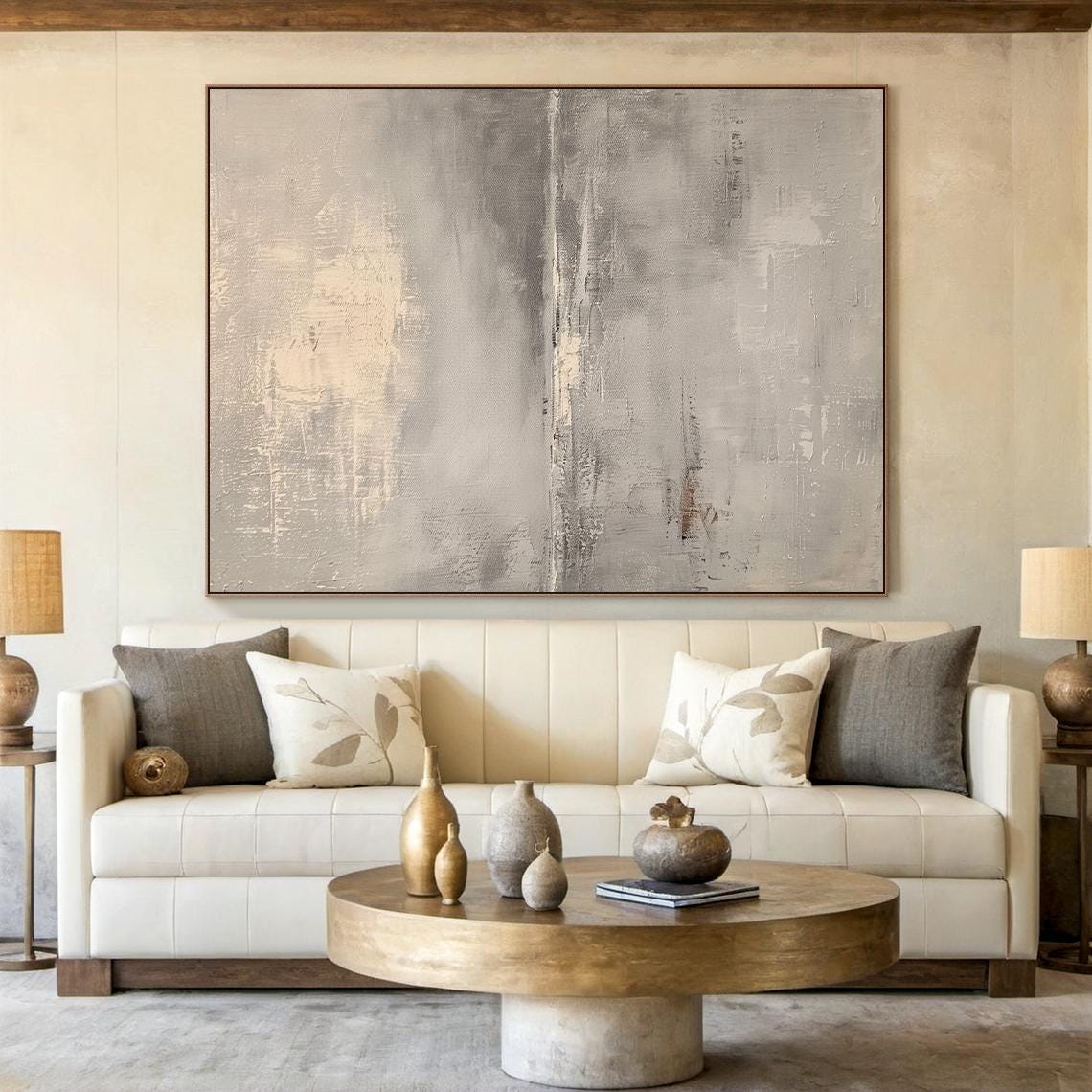 Beige Grey Misty Horizon Abstract Landscape Soft Neutral Wall Art - Image 3
