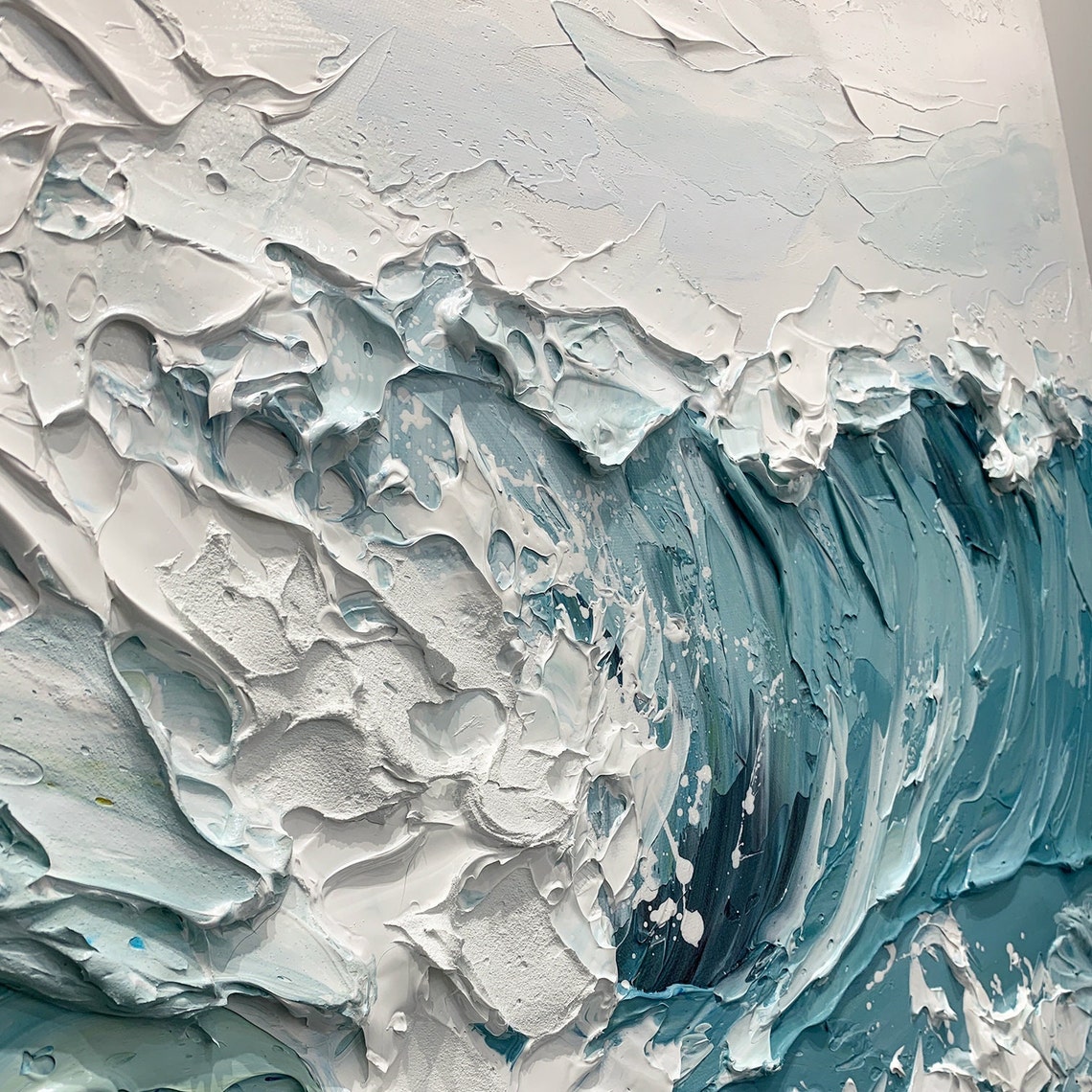 Turquoise Ocean Wave Curling White Foam Oil Painting Textured Poster - Image 5