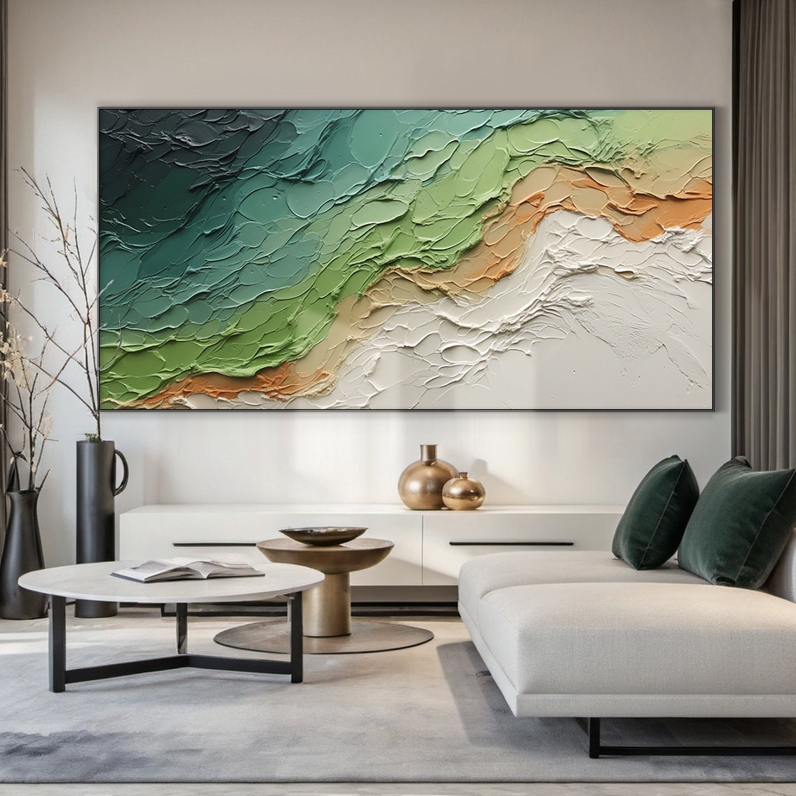 Green Teal Orange White Textured Wave Abstract Ocean Painting Wall Art