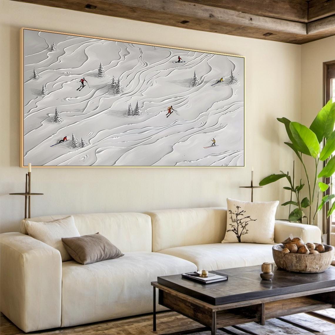 Light Grey Snow Slope Tiny Skiers Pine Trees Minimal Winter Wall Art - Image 4