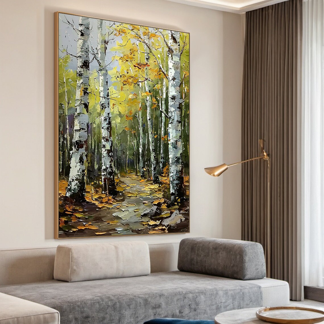 Yellow Green Birch Tree Abstract Painting On Modern Natural Living Room Decoration Woods Deciduous Landscape Handmade Painting - Image 5