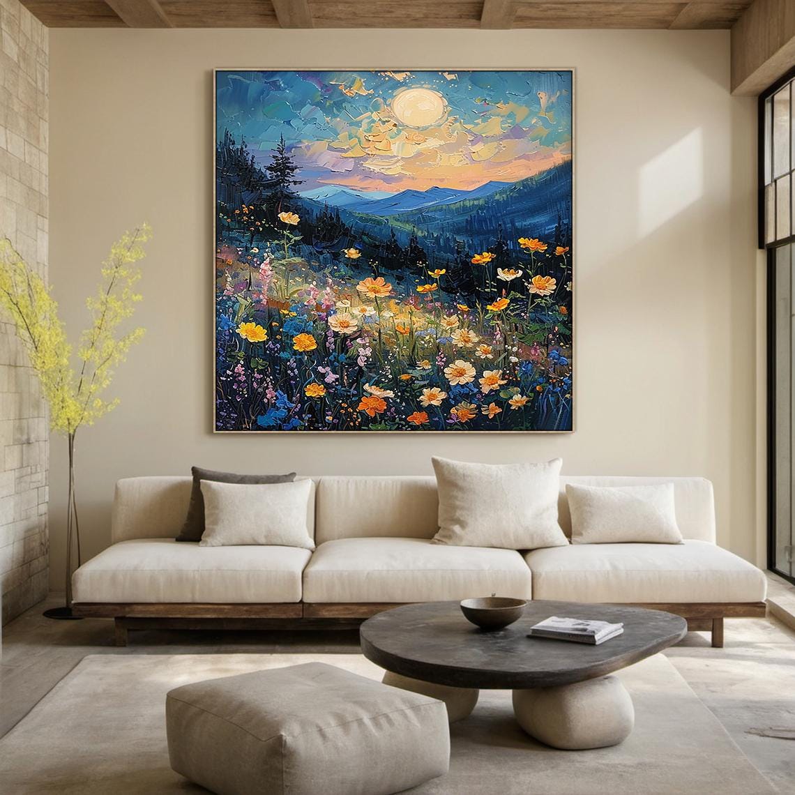 Sunlit Colorful Wildflower Meadow Blue Mountains Impasto Nature Poster - Image 3
