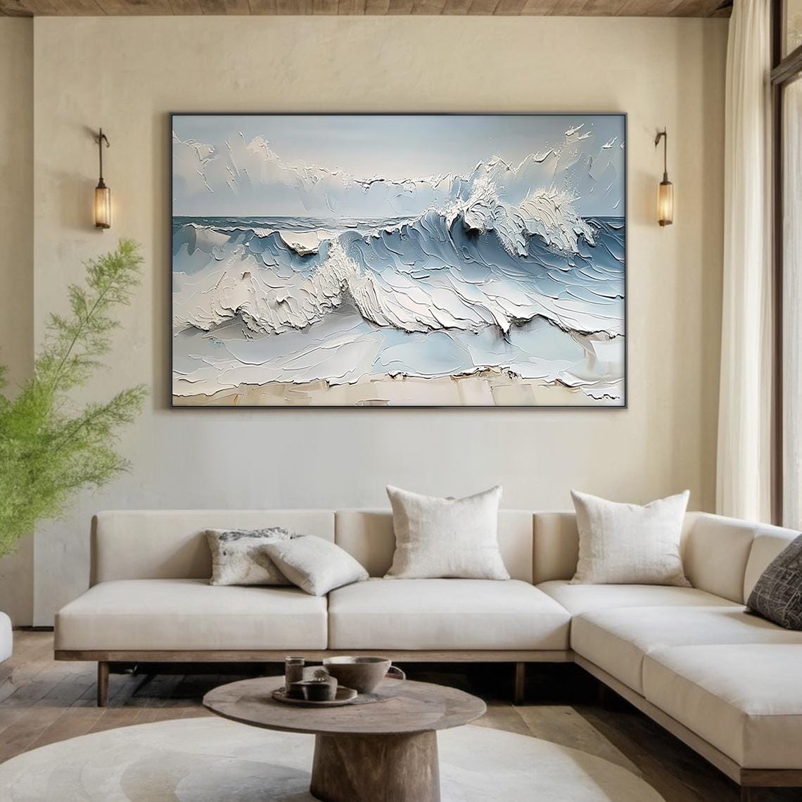 Ocean Wave Crash Beach Textured Painting Blue Sea Art Print Poster - Image 2
