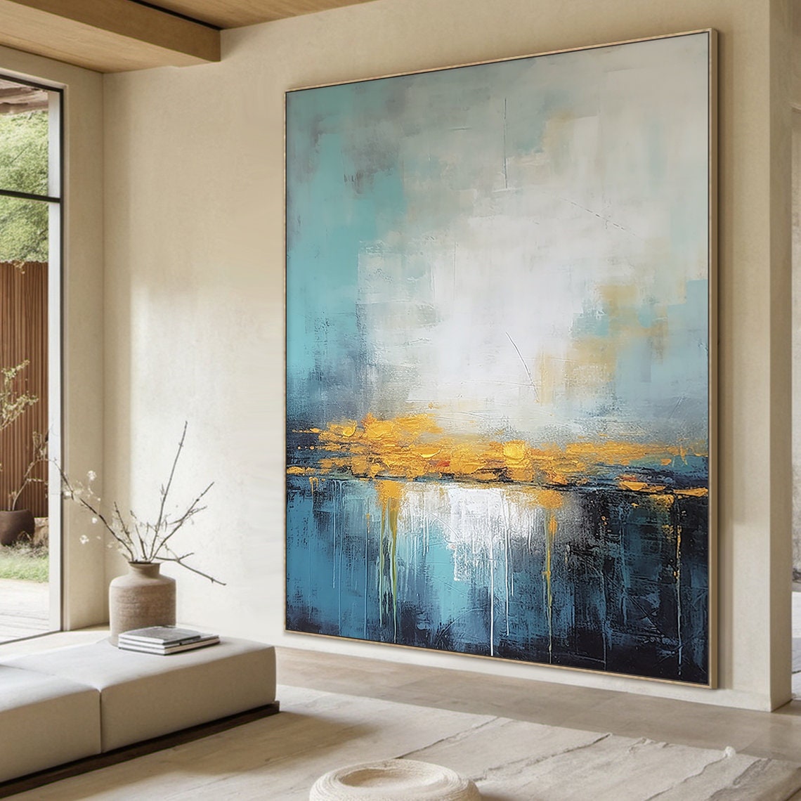 Teal White Gold Abstract Horizon Impasto Modern Coastal Luxe Wall Art