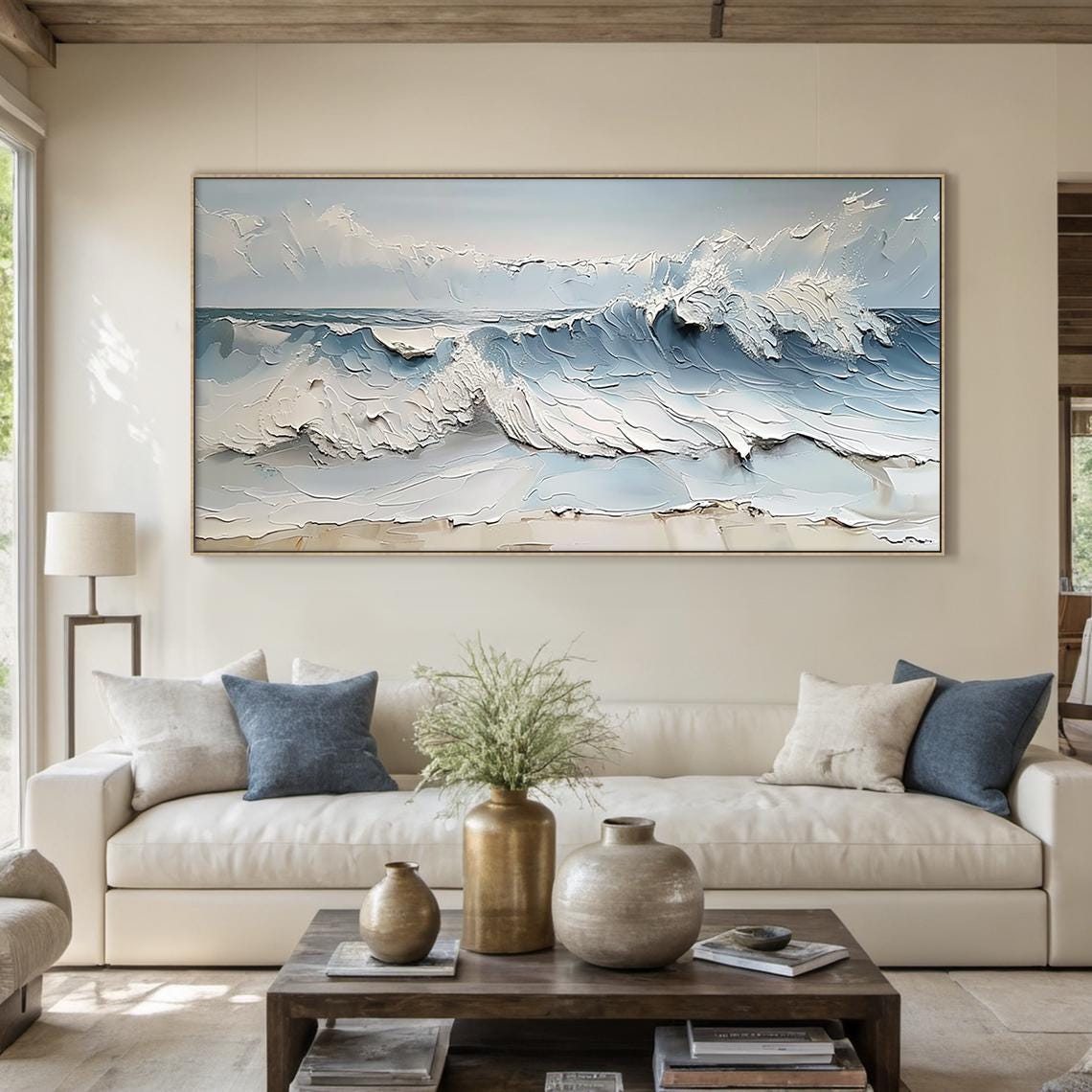 Ocean Wave Crash Beach Textured Painting Blue Sea Art Print Poster