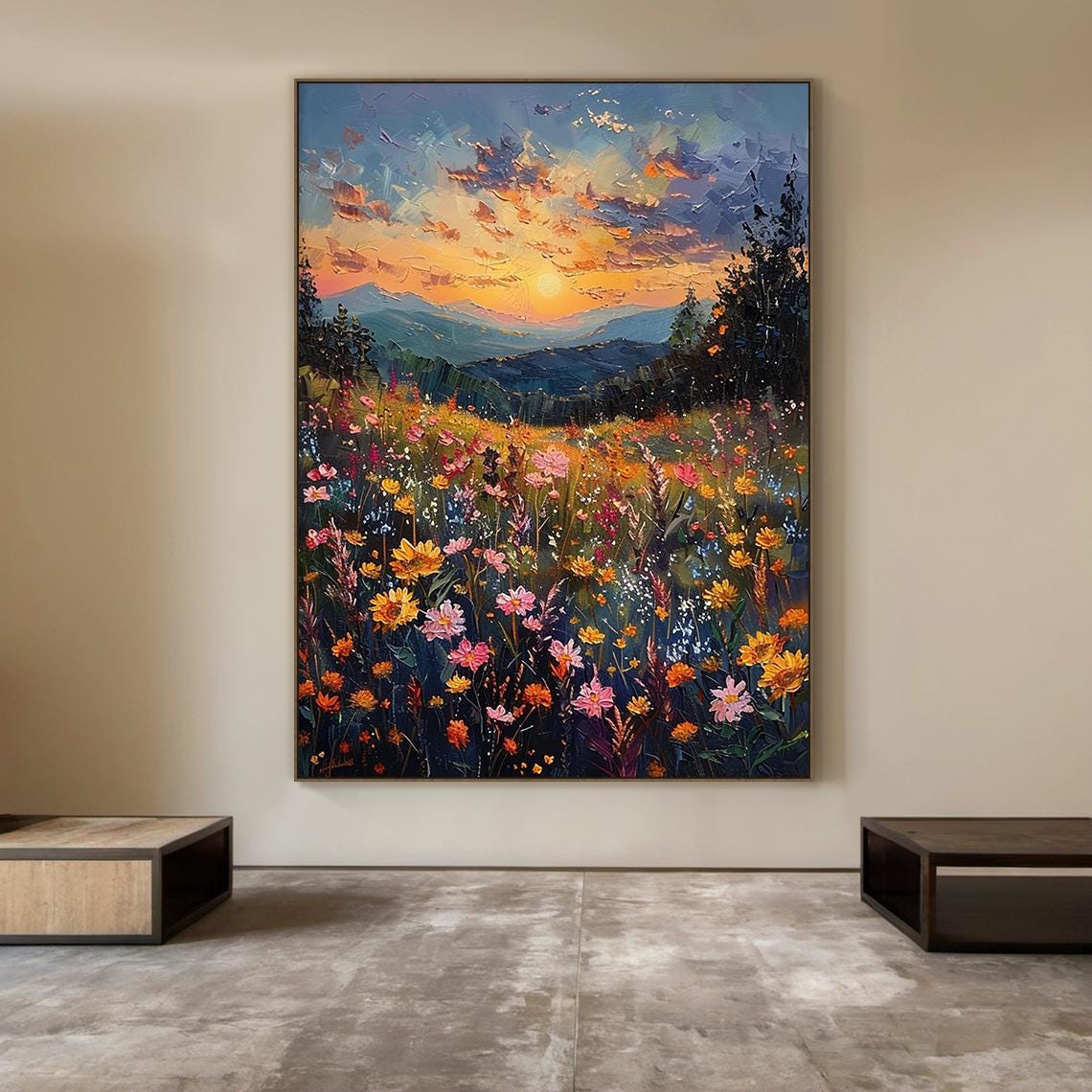 Sunset Wildflower Meadow Mountain Painting Colorful Floral Art Poster - Image 6