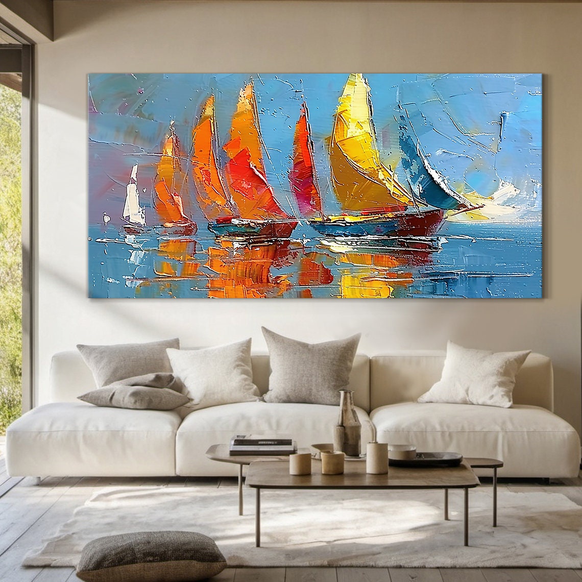 Bright Colorful Sailboats Sails Blue Sea Impasto Regatta Poster - Image 3