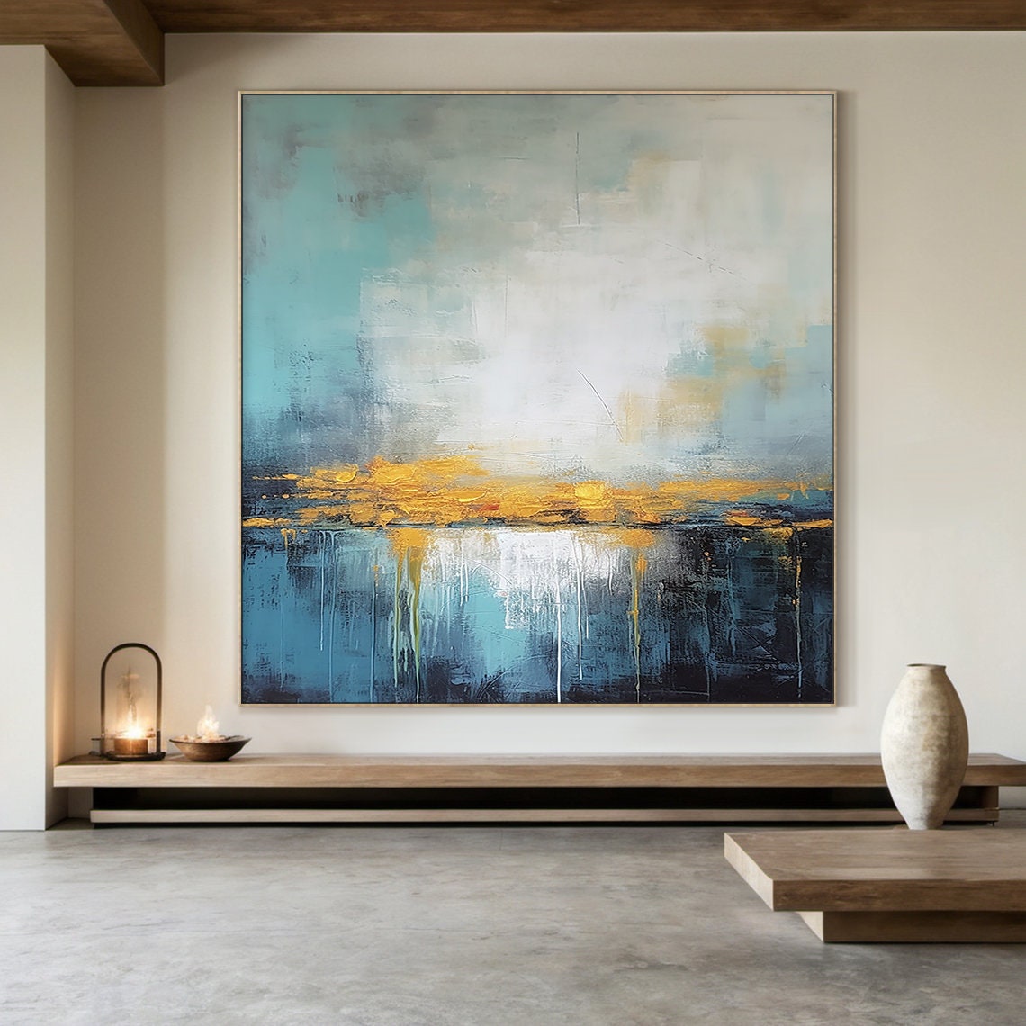 Teal White Gold Abstract Horizon Impasto Modern Coastal Luxe Wall Art - Image 6