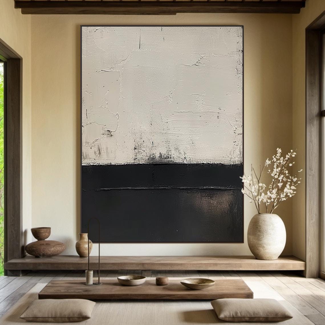 Black White Abstract Landscape Painting Textured Split Modern Wall Art - Image 4