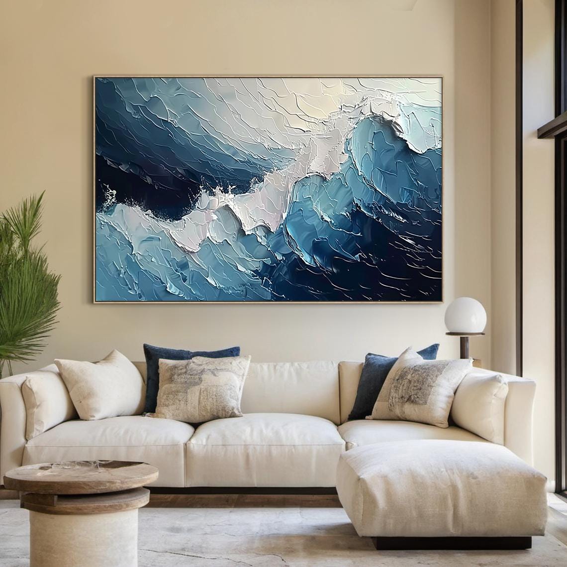 Dark Navy Storm Wave Crashing Impasto Moody Ocean Seascape Wall Art - Image 3