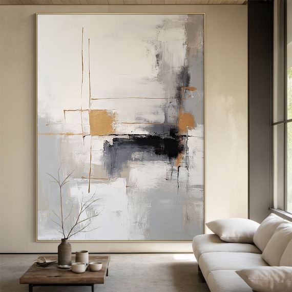 Abstract Painting On Grey And White Gray And White Minimalist Wall Art Large Black And Brown Textured Hand Painting Home Decor
