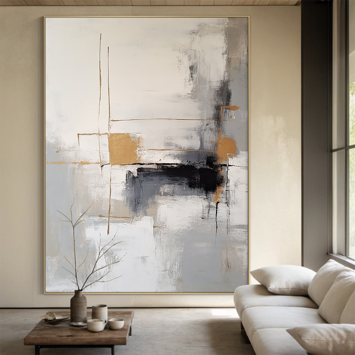 Abstract Painting On Grey And White Gray And White Minimalist Wall Art Large Black And Brown Textured Hand Painting Home Decor