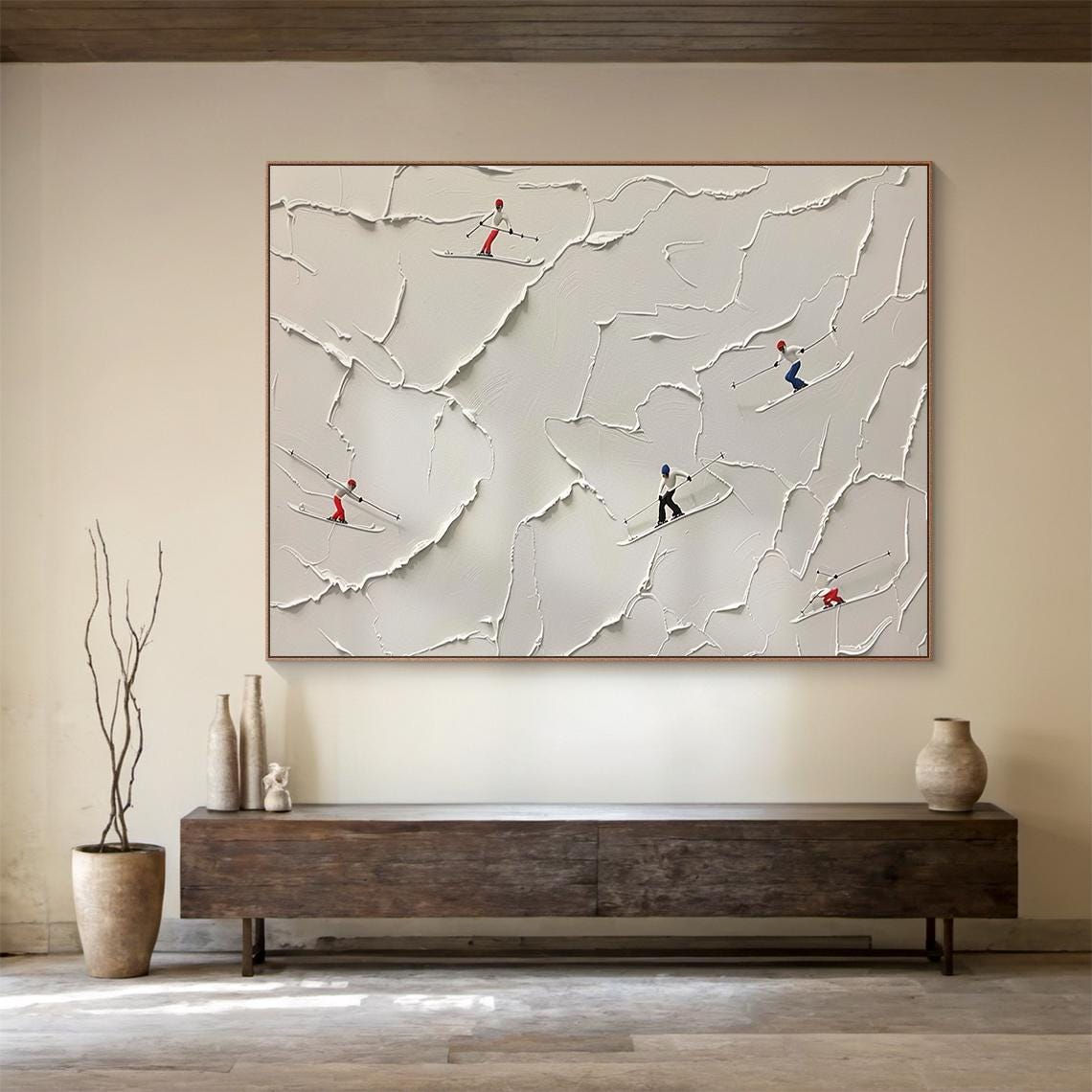 3d Beige Snow Field Ski Hand Drawing Original Skier Gift Beige Abstract Ski Art Modern Living Room Wall Decor - Image 2