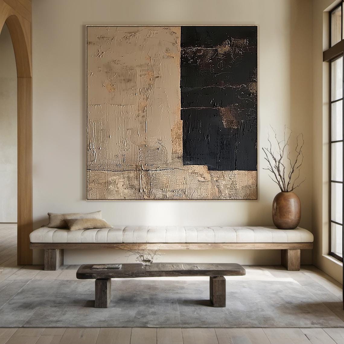 Beige Black Split Panel Wabi Sabi Abstract Texture Oil Painting Poster - Image 5