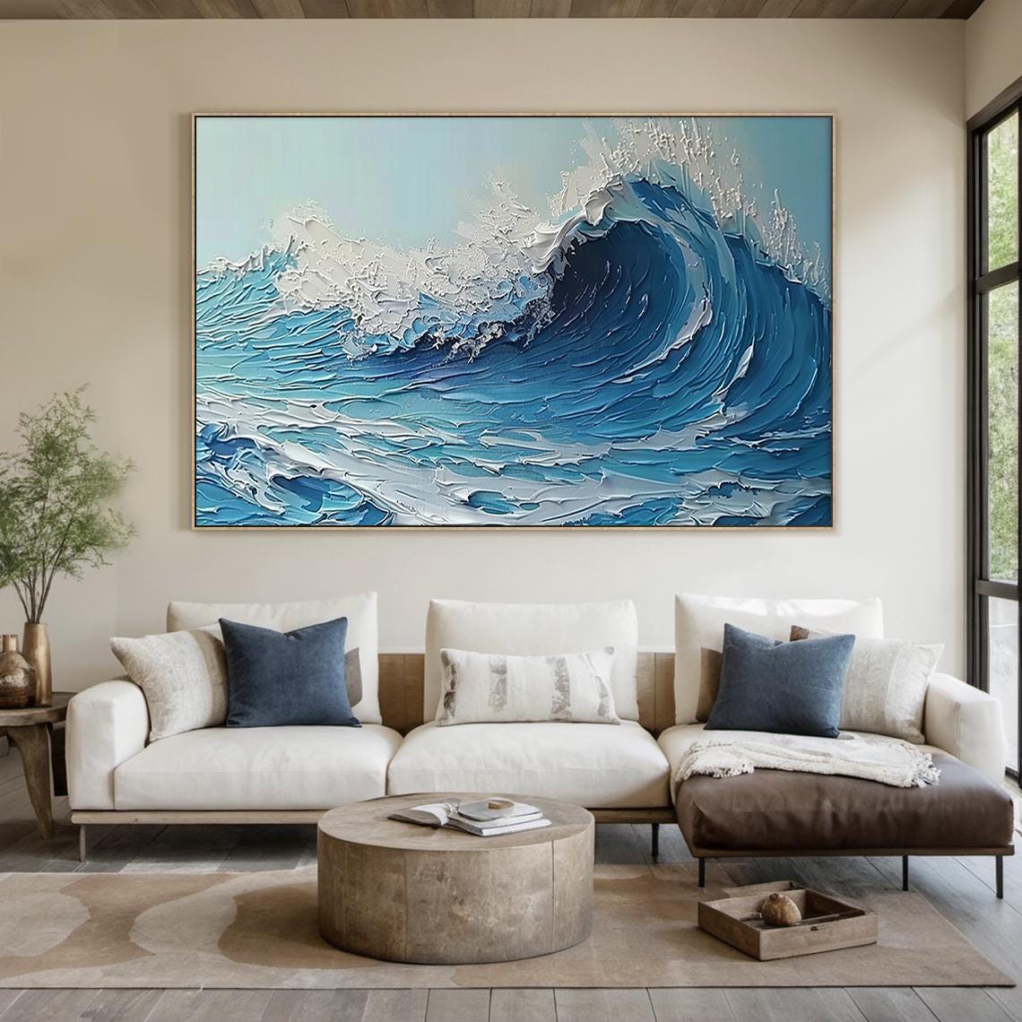 Deep Blue Barrel Wave Impasto Textured Powerful Ocean Wall Art - Image 2