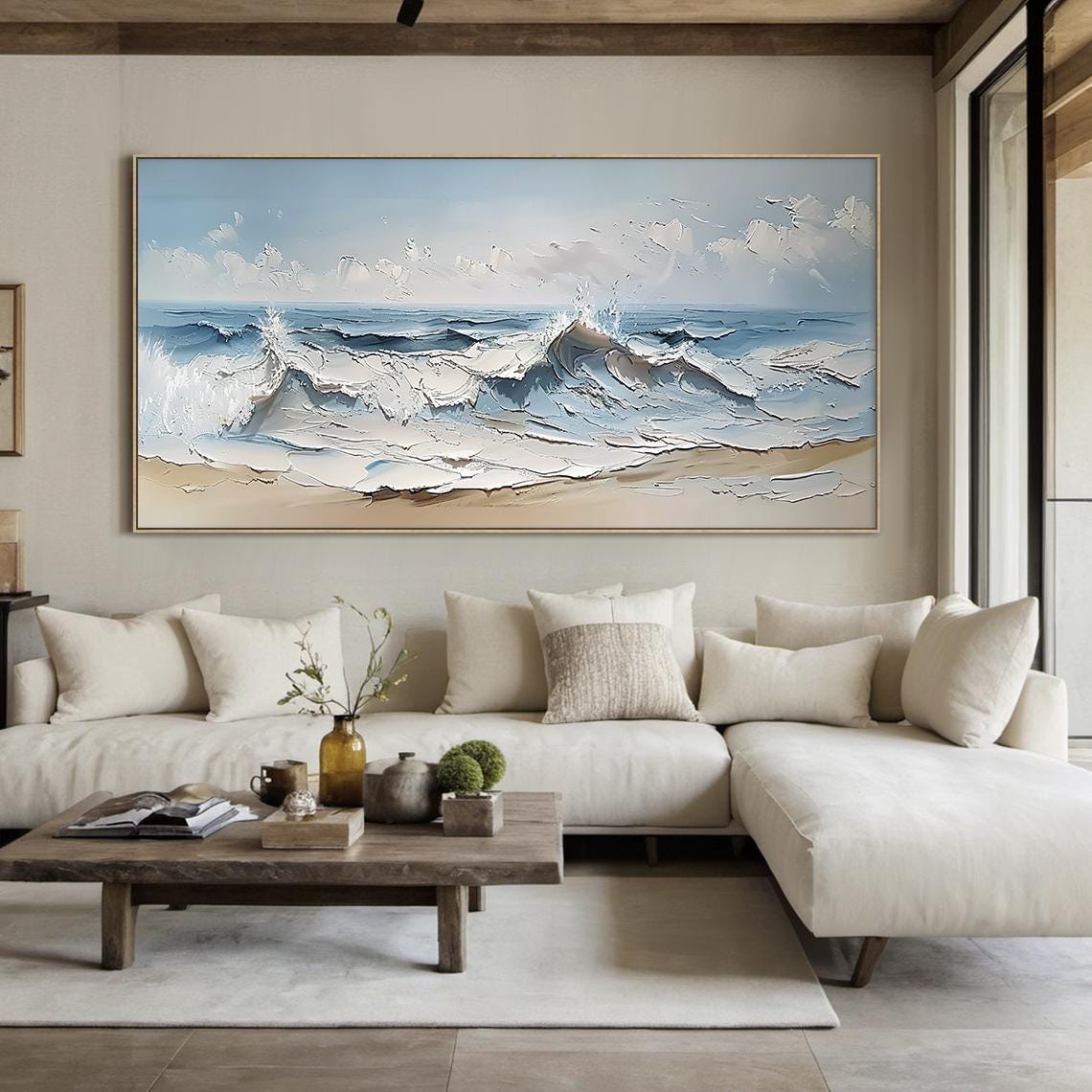 Ocean Waves Breaking On Sandy Shore Impasto Textured Beach Wall Art - Image 6