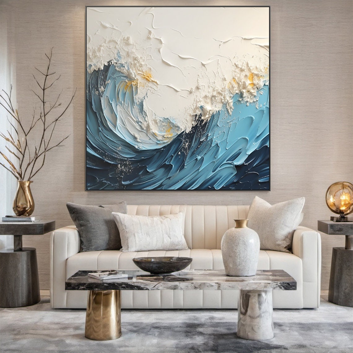 Blue Ocean Wave Impasto Texture Abstract Seascape Canvas Poster - Image 3