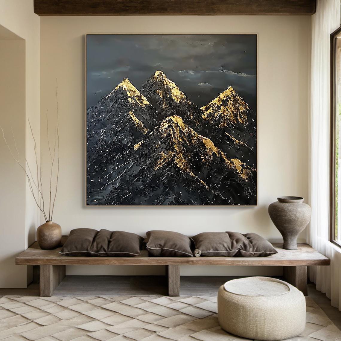 Large Black Abstract Mountains Oil Painting Gold Texture Mountains Sunrise Landscape Painting Modern Nature Living Room Wall Art - Image 4