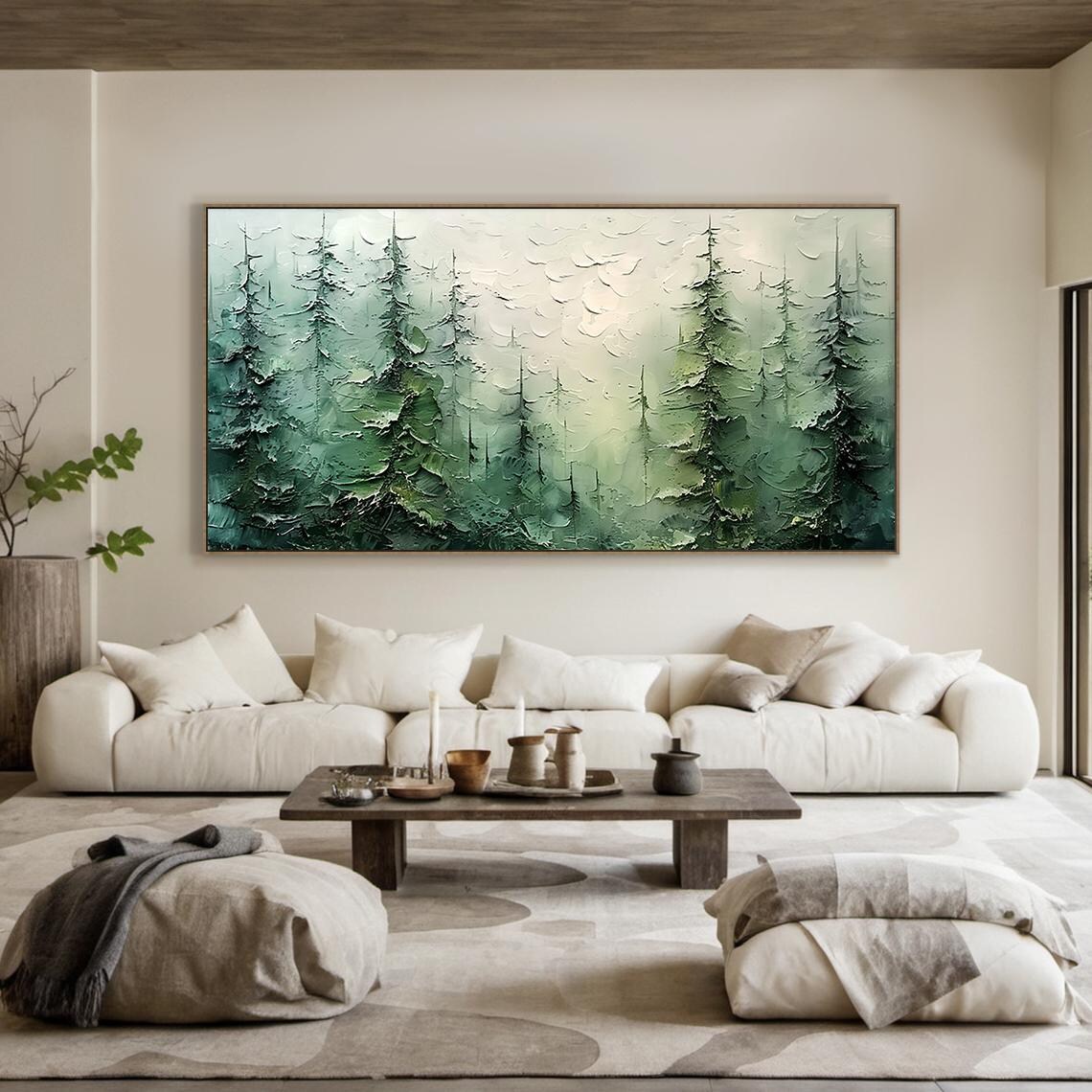 Misty Green Pine Forest Impasto Textured Serene Woodland Art Poster - Image 6