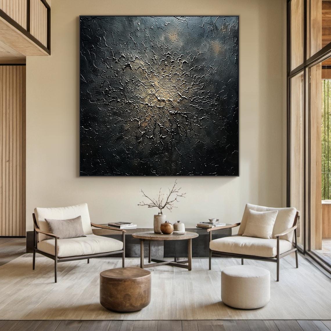 Black Gold Shimmer Abstract Texture Oil Painting Square Dark Poster