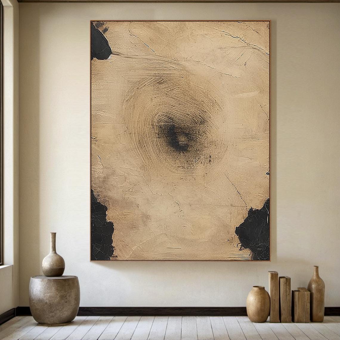 Tan Brown Abstract Painting Circular Brushwork Black Modern Wall Art