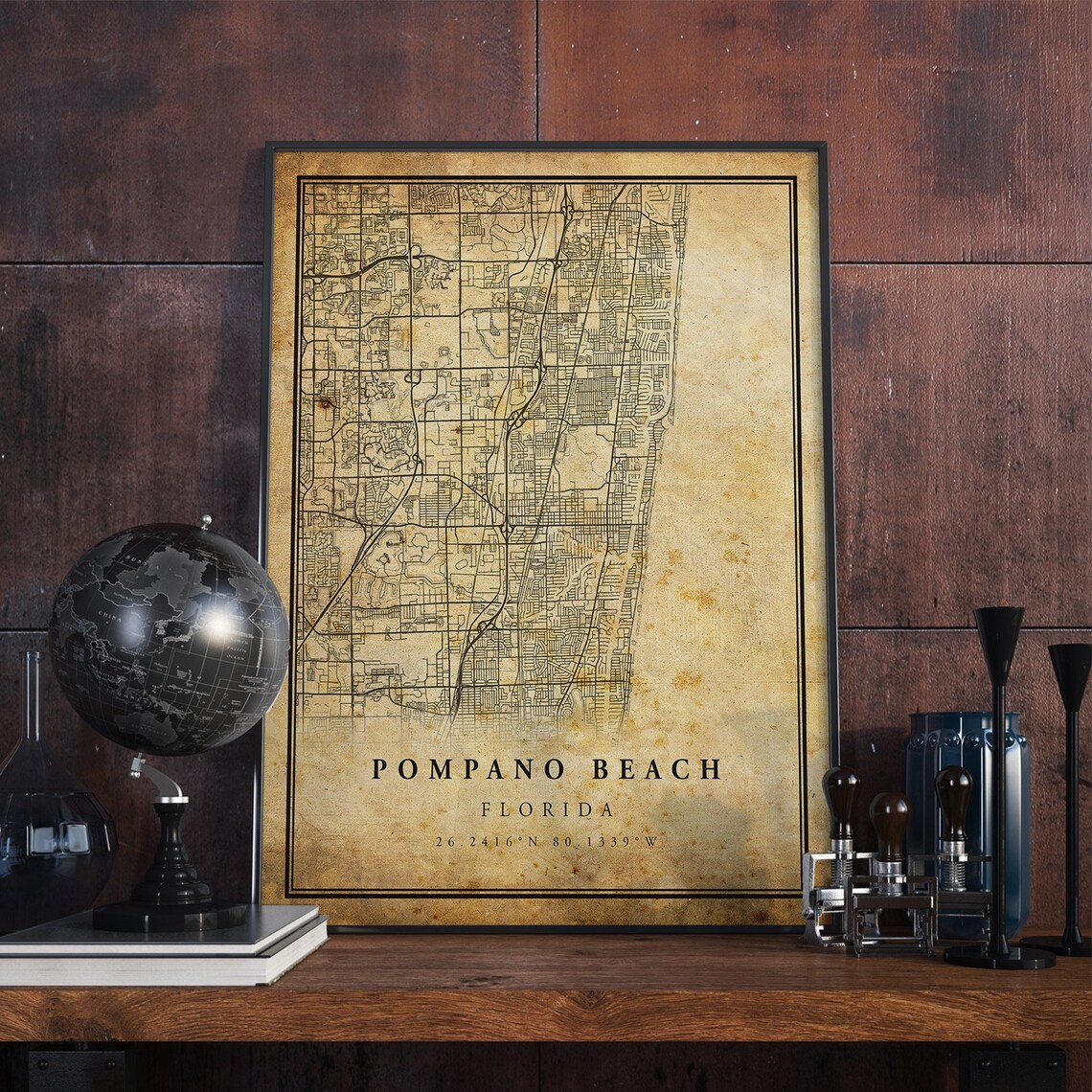Pompano Beach Vintage Map Poster, Florida Artwork