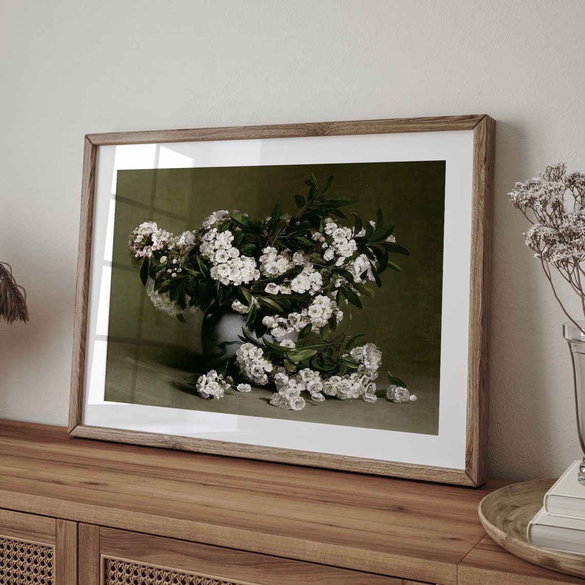 Vintage White Hawthorn Blossoms Vase Olive Green Floral Poster - Image 4