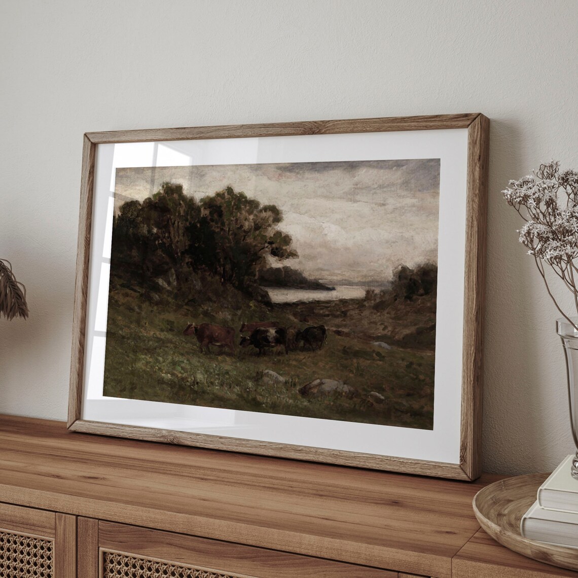 Cows Grazing on Green Coastal Meadow Vintage Pasture Oil Poster - Image 4