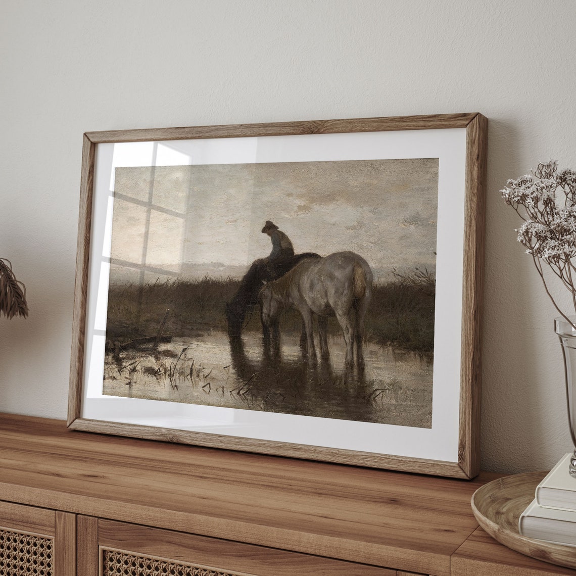Vintage White Horse Rider Watering Pond Dusk Equestrian Poster - Image 4
