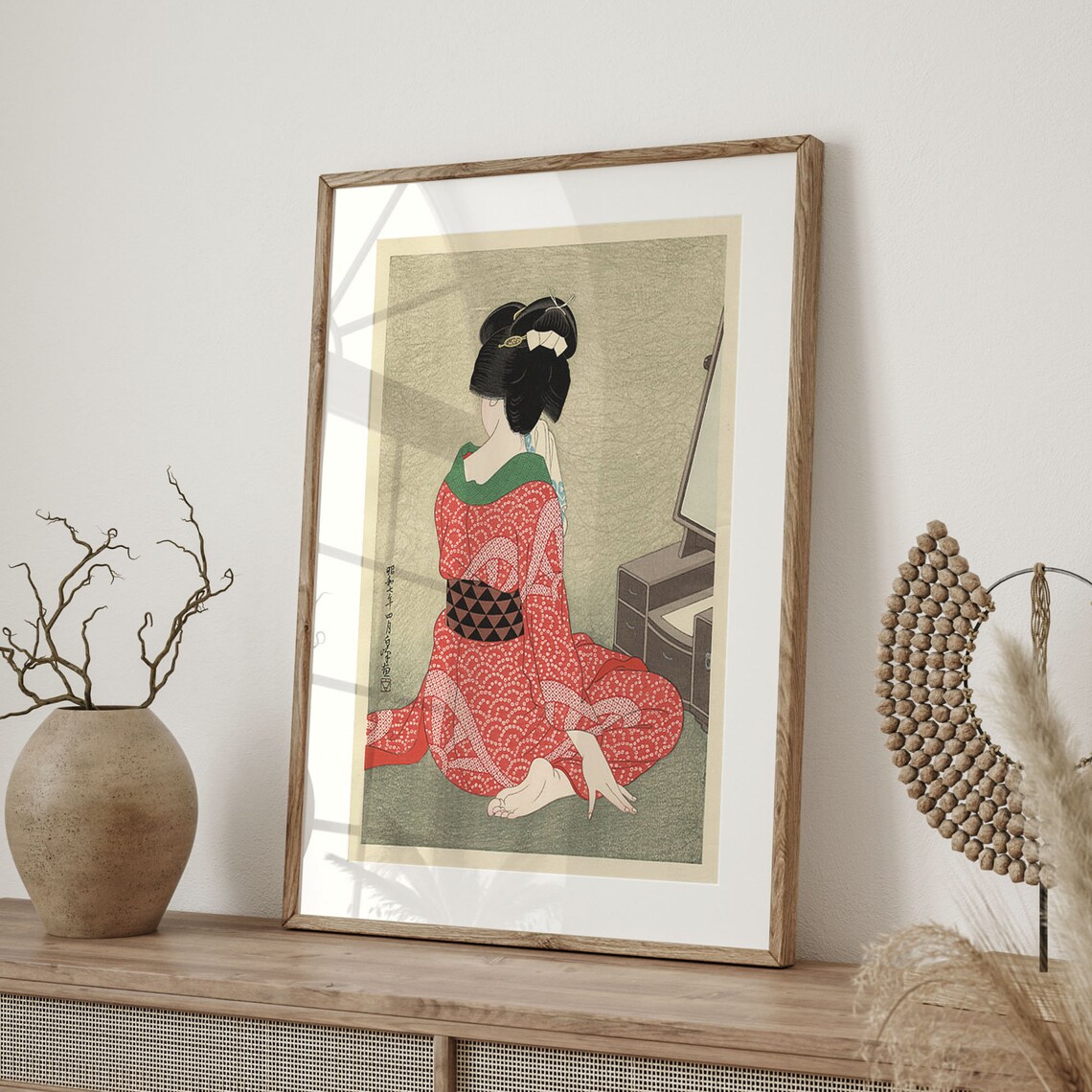 Elegant Woman In Red Shibori Kimono, Ukiyo-E Art Print - Image 4
