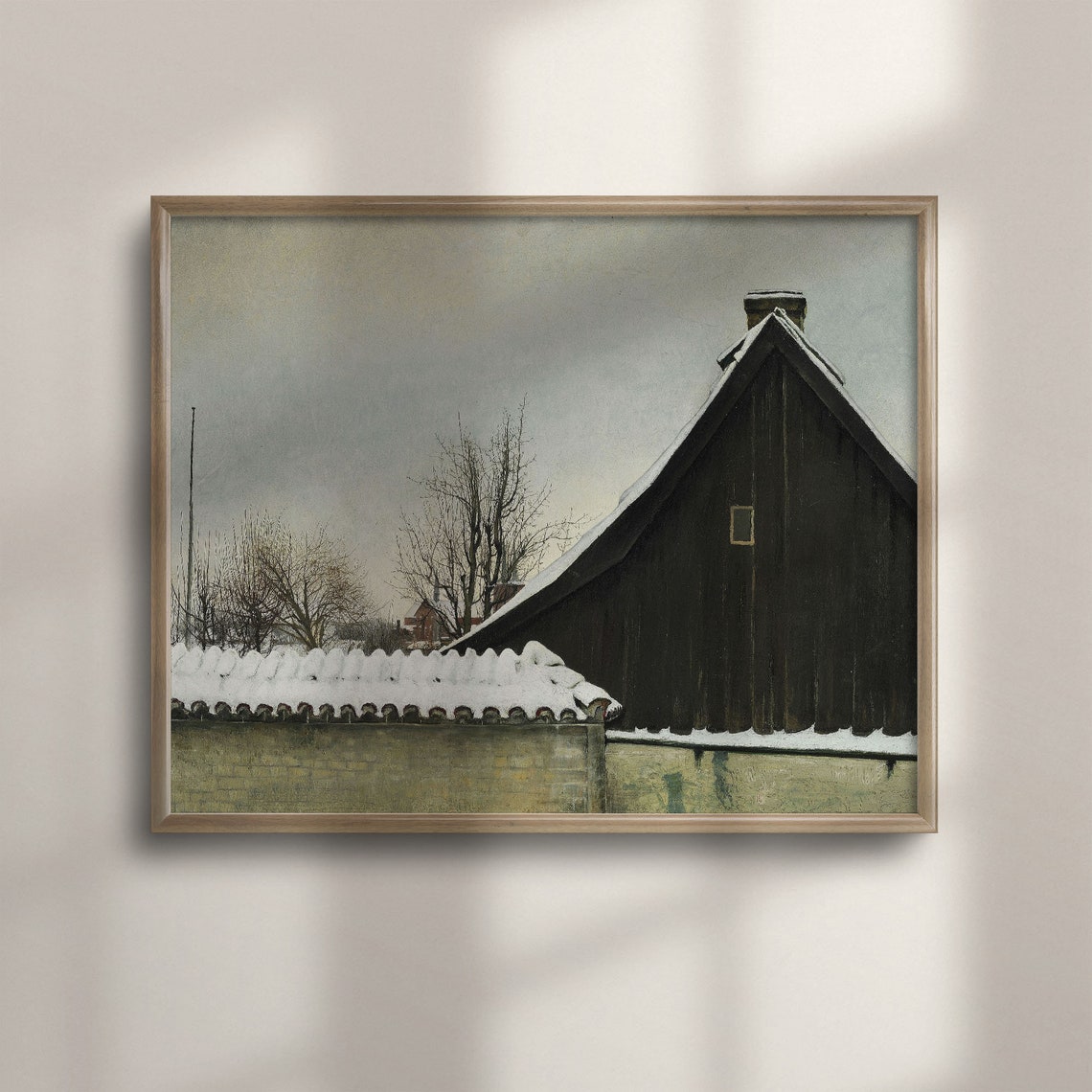 Snowy Dark Barn Winter Farmhouse Vintage Moody Landscape Poster